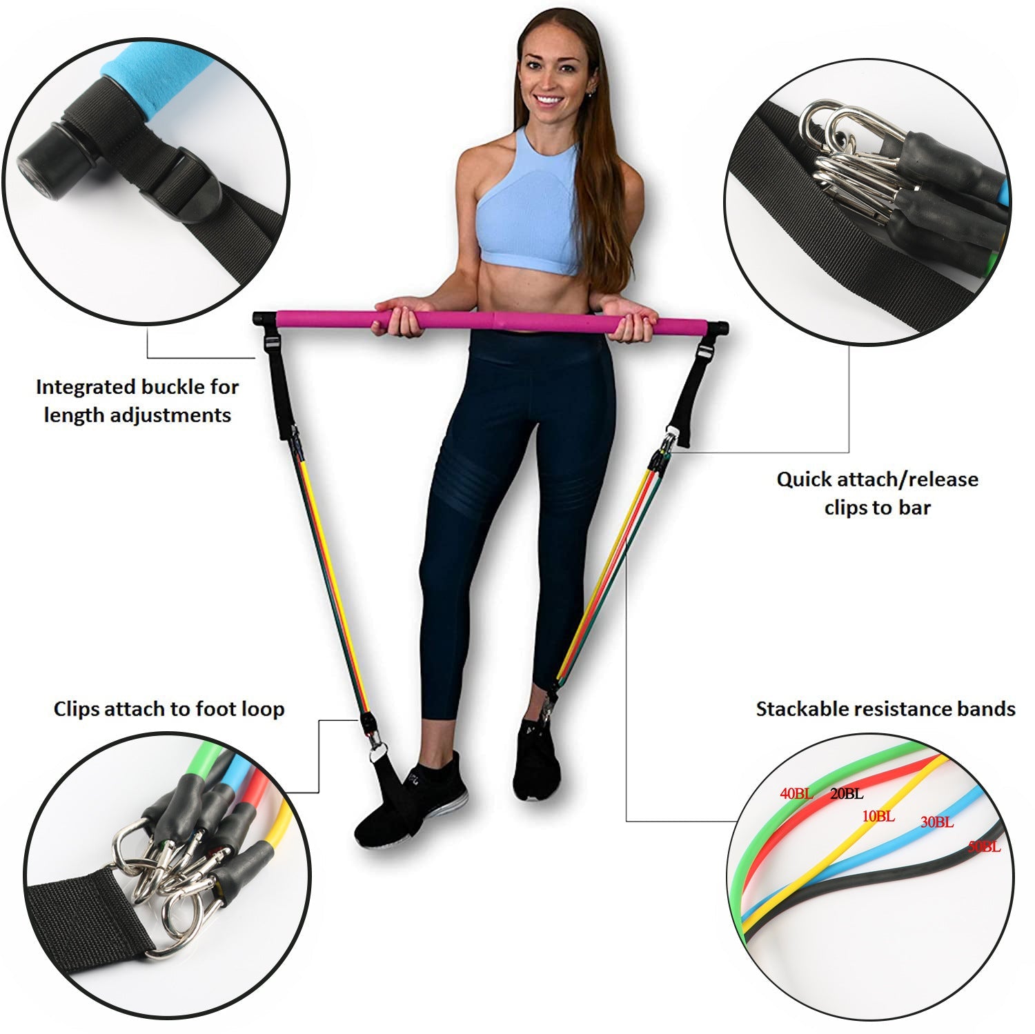 Portable Pilates Bar Resistance Bands Home Workout